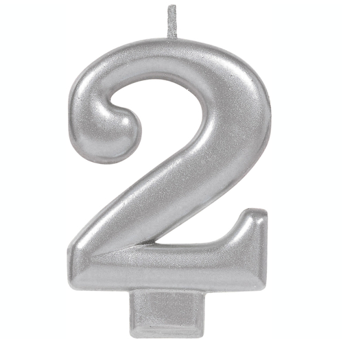 Number 2 Silver Metallic Birthday Candle