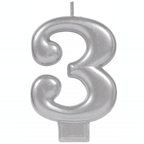 Number 3 Silver Metallic Birthday Candle
