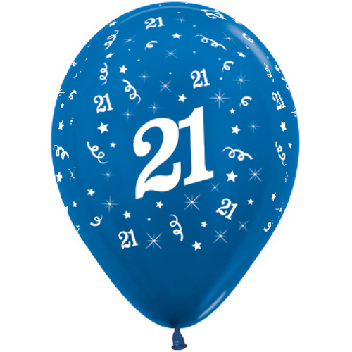 21st Birthday Metallic Blue Latex Balloons 6 Pack