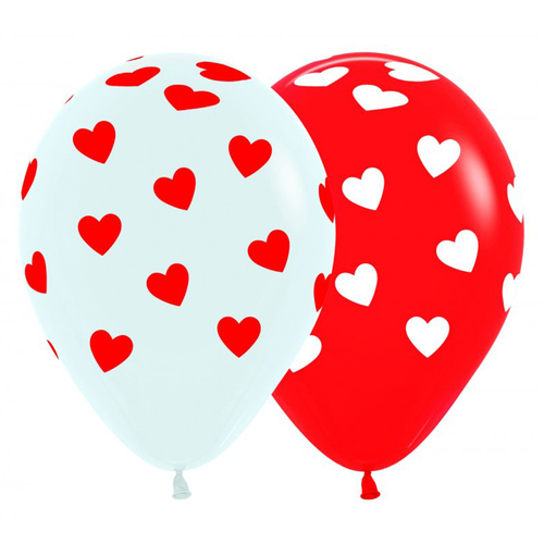 Fashion Red & White Latex Balloons With Hearts 12 Pack
