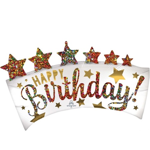 Happy Birthday Glitter Banner & Stars SuperShape Satin Foil Balloon
