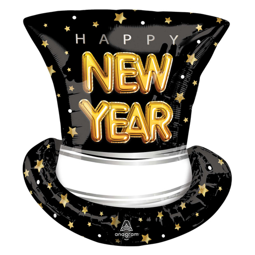 Happy New Year Pop Clink Cheers Top Hat SuperShape Foil Balloon