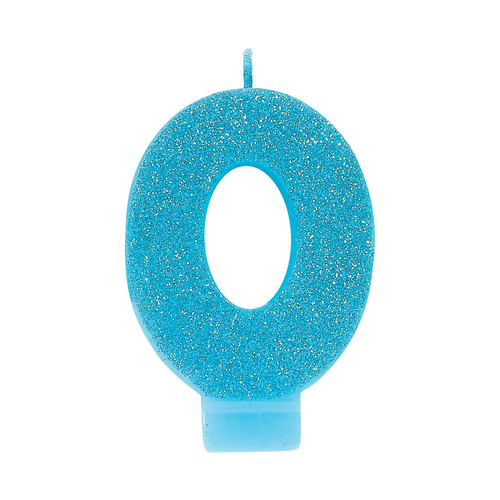 Number 0 Birthday Blue Glitter Candle