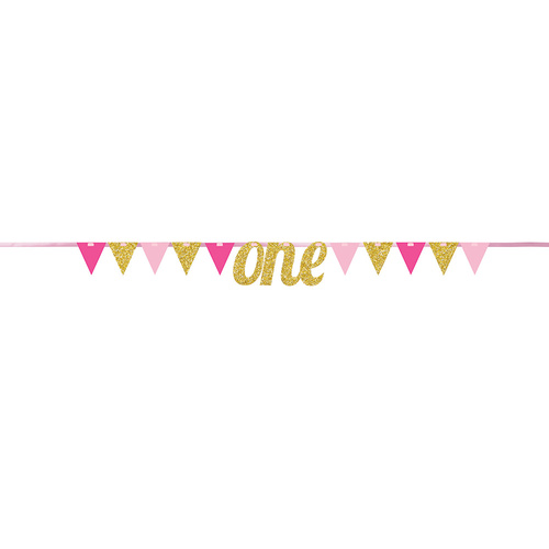 1st Birthday Girls Gold Pink Glitter Banner