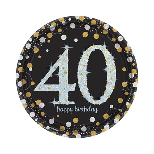 40th Birthday Party Supplies Sparkling Black Dinner Plates 8 Pack