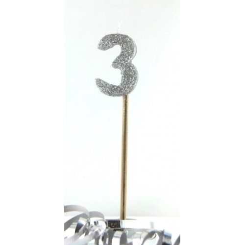 Silver Glitter Party Supplies - Number 3 Silver Glitter Candle 4cm on stick 