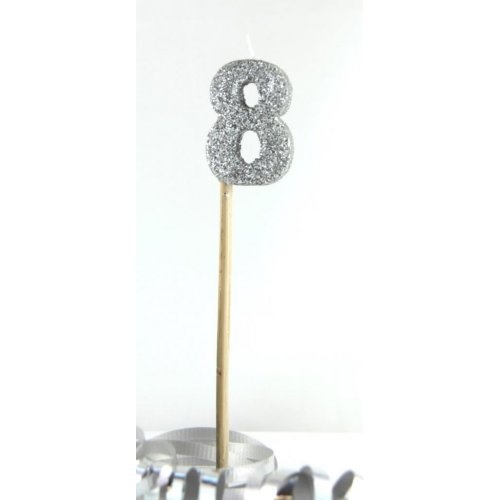 Silver Glitter Party Supplies - Number 8 Silver Glitter Candle 4cm on stick 
