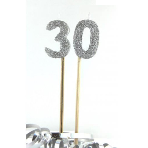 Silver Glitter Party Supplies - Number 30 Silver Glitter Candles 4cm on sticks