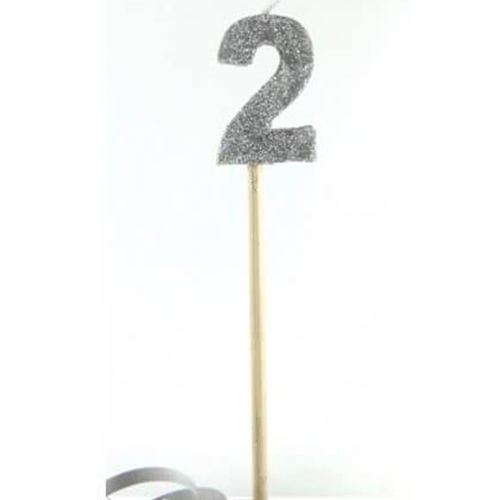 Number 2 Silver Glitter Candle 4cm on stick 