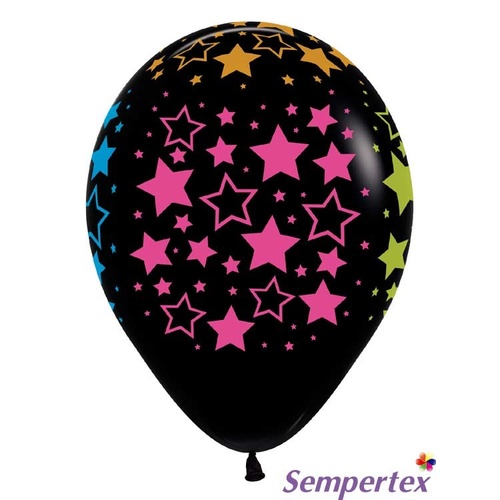 Disco Party Supplies Black Balloons with Bold Neon Stars 12 pack