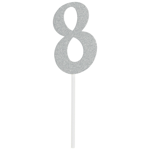 8th Birthday Party Supplies Silver Number 8 Glitter Cake Topper