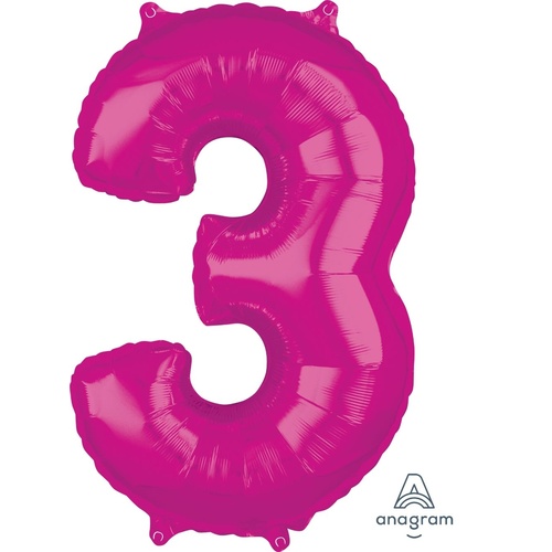 3rd Birthday Number 3 Magenta Pink Foil 66cm Balloon