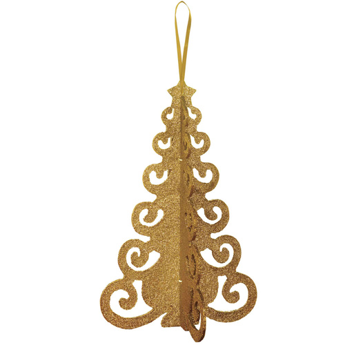 Christmas Tree 3D Hanging Decoration Gold MDF Glittered