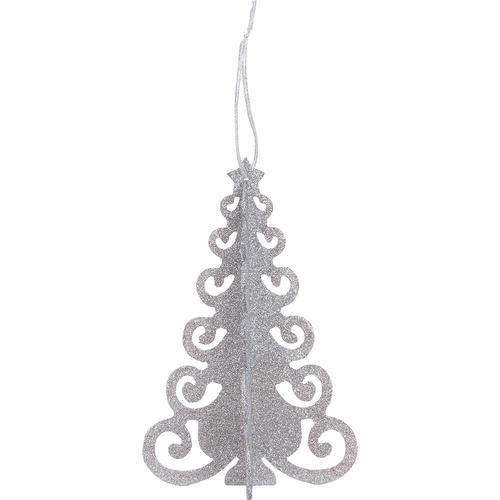 Christmas Tree 3D Hanging Decoration Silver MDF Glittered