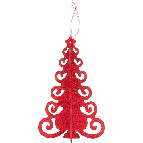 Christmas Tree 3D Hanging Decoration Red MDF Glittered