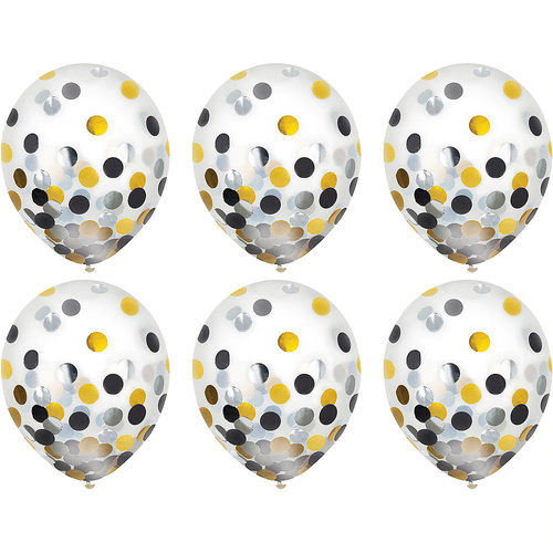 Black, Silver & Gold Confetti Latex Balloons 30cm 6 Pack