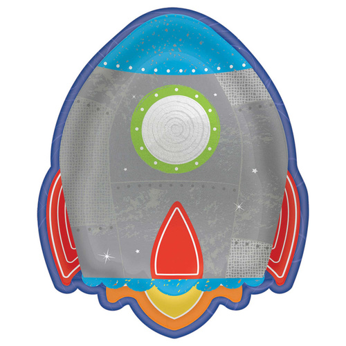 Space Blast Off Birthday Rocket Shaped Metallic Lunch Cake Dessert Plates 8 Pack