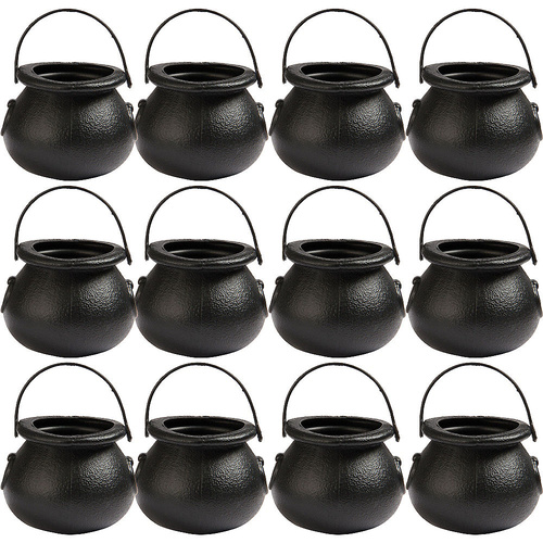 Halloween Cauldron Mini Treat Pails Black Plastic 12 Pack