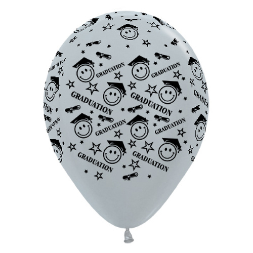 Graduation Smiley Faces Satin Pearl Silver Latex Balloons 6 Pack