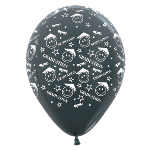 Graduation Smiley Faces Metallic Graphite Latex Balloons 6 Pack