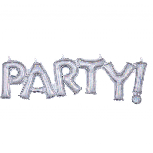Script Phrase PARTY! Silver Holographic Foil Balloon