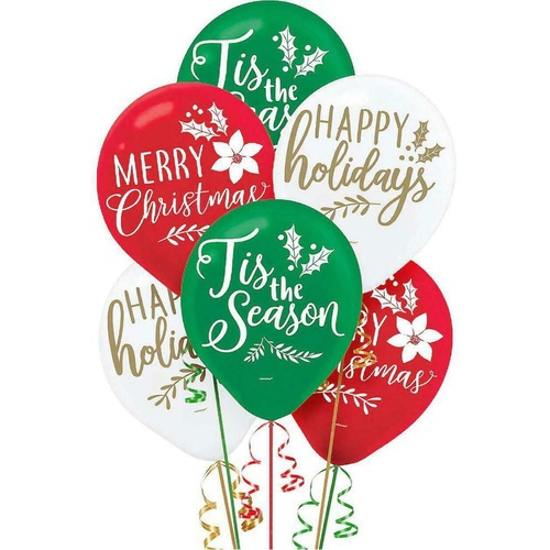 Traditional Christmas Assorted Printed Latex Balloons 15 Pack