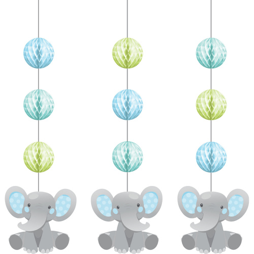 Enchanting Elephant Blue Hanging Honeycomb & Cutouts Decorations 3 Pack