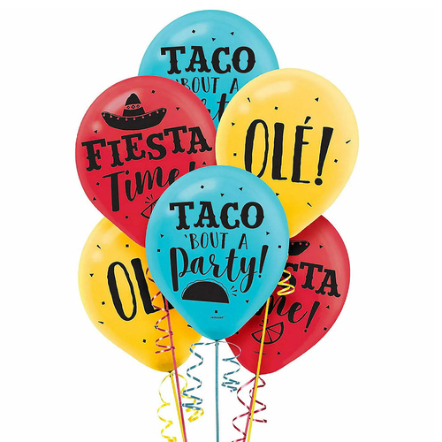 Mexican Taco Fiesta Assorted Latex Balloons 15 Pack