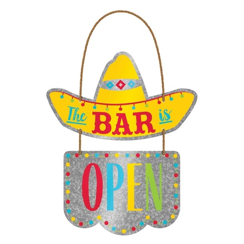 Mexican Taco Fiesta Cinco Hanging Metal Sign & Rope Hanger The Bar is Open