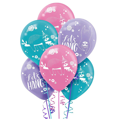 Sloth Latex Balloons Assorted Designs 6 Pack