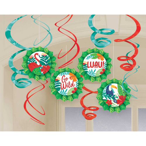 Tropical Jungle Hanging Glittered Fans & Swirls Decorating Kit 12 Pack