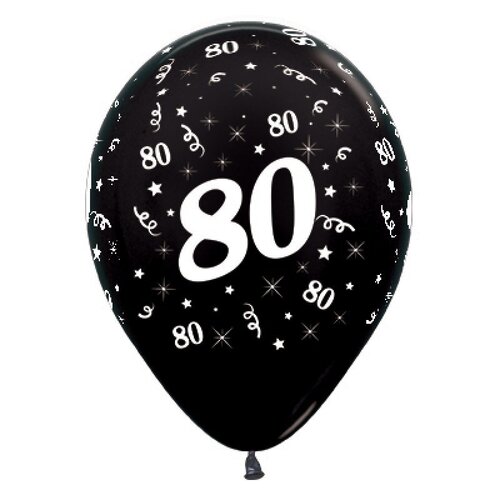 80th Birthday Metallic Black/6 Pack Latex Balloons