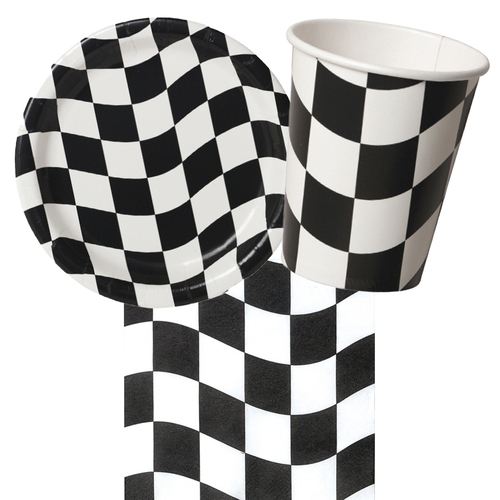 Car Racing Black & White Checkered 8 Guest Tableware Party Pack