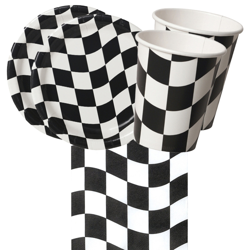 Car Racing Black & White Checkered 16 Guest Tableware Party Pack