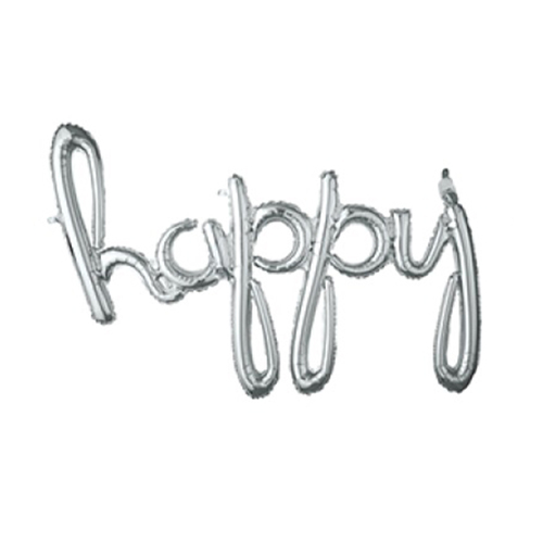 Script Balloon Phrase "Happy" Air Fill Silver Foil Balloon