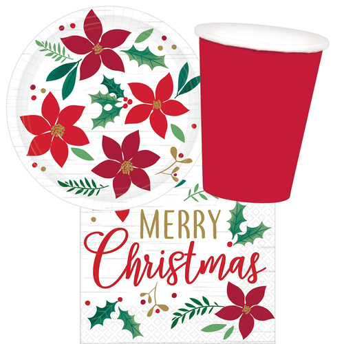 Merry Christmas Poinsettia 16 Guest Tableware Party Pack