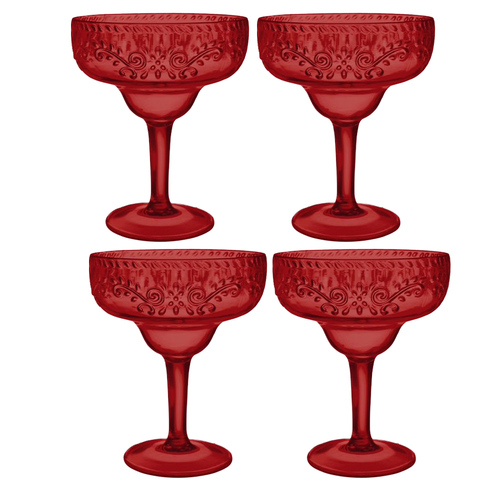 Boho Vibes Dark Red Plastic Margarita Glass Debossed Finish 4 Guest Party Pack
