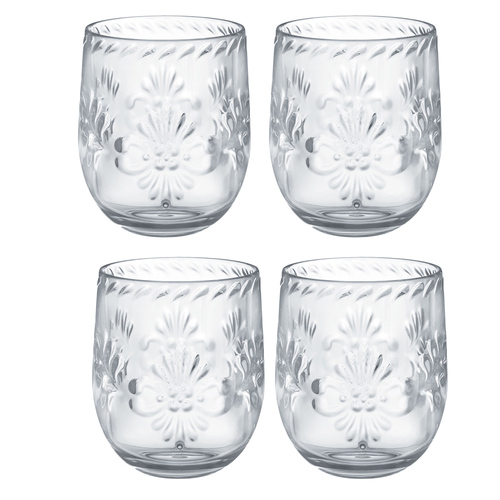 Boho Vibes Clear Plastic Stemless Wine Glass Debossed Finish 4 Guest Party Pack