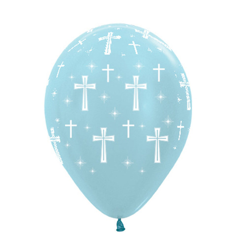 Baptism Holy Cross Satin Pearl Blue Latex Balloons 10 Pack