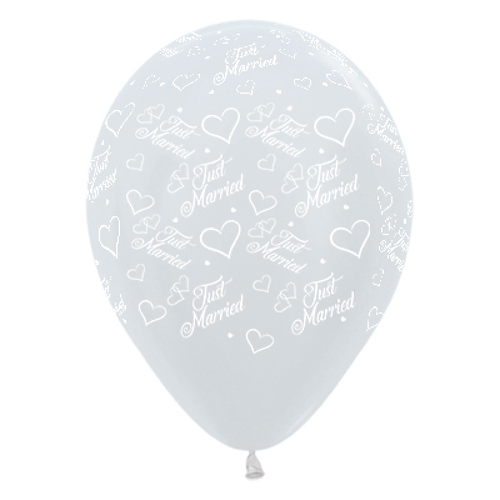 Just Married Hearts Pearl White Balloons 6 Pack