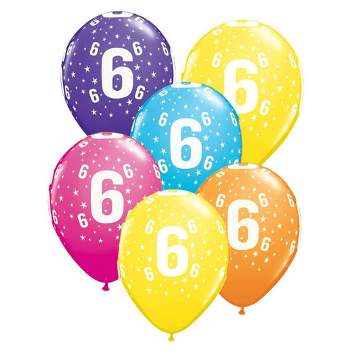 6th Birthday Stars Printed Tropical Assorted Latex Balloons 6 Pack
