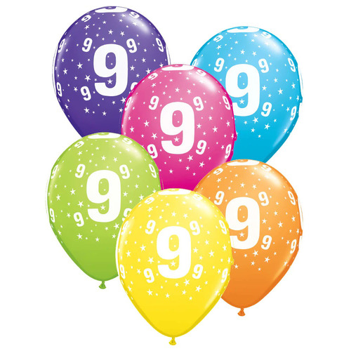 9th Birthday Stars Printed Tropical Assorted Latex Balloons 25 Pack