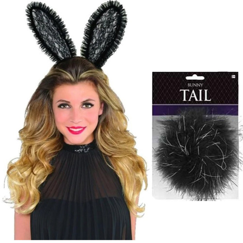 Easter Lacey Ears & Fluffy Black Bunny Tail Party Pack