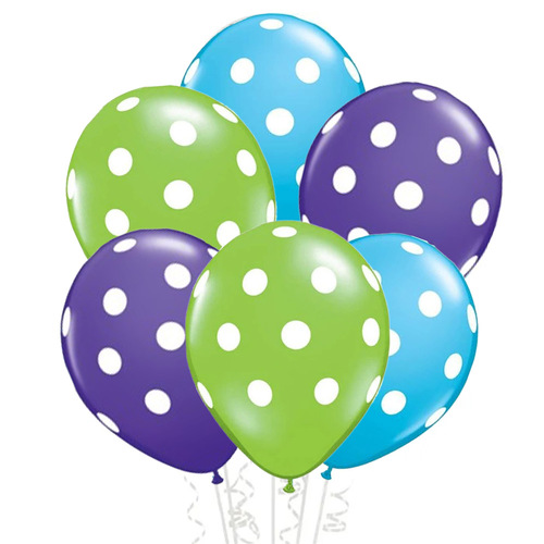 Green Purple Blue Polka Dot Spotted Latex Balloons 6 Pack