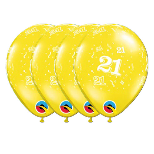 21st Birthday Confetti Print Tropical Yellow Latex Balloons 4 Pack