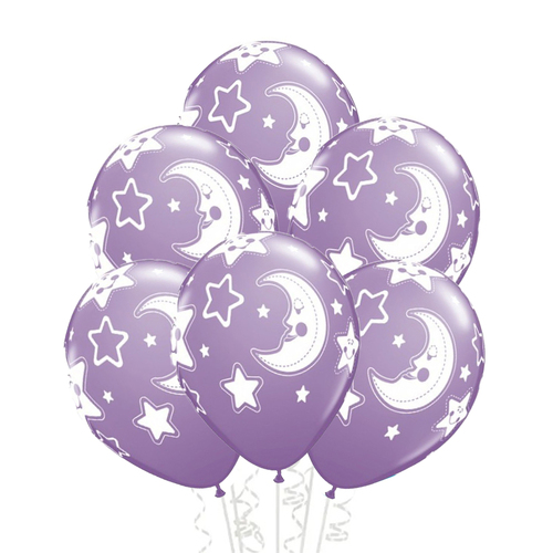 Baby Shower Moon and Stars Purple Latex Balloons 6 Pack