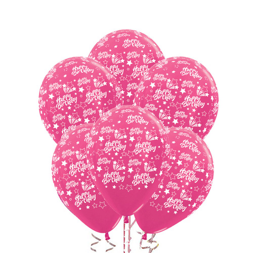 Happy Birthday Shooting Stars Fuchsia Pink Latex Balloons 6 Pack