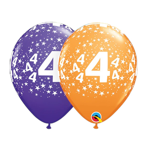 4th Birthday Jewel Orange & Purple Colour Star Age Print Latex Balloons 6 Pack