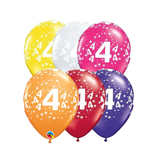 4th Birthday Jewel Colour Star Age Print Latex Balloons 25 Pack (6 Colours)