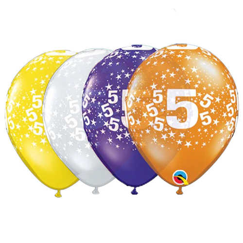 5th Birthday Jewel Star Print Latex Balloons 25 Pack (4 Colours)